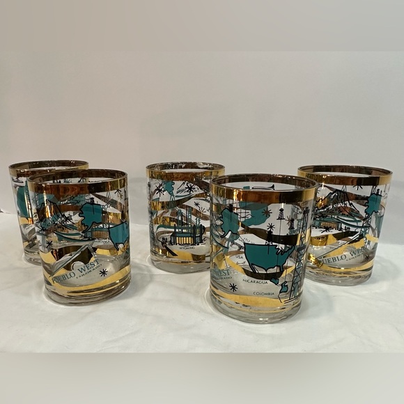 Rare Set of 5 MCM Norma Jean Wright 24k Gold & Turquoise Oil & Gas Bar Glasses - Picture 4 of 15